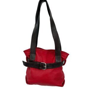 Village Tannery Lipstick Red Leather Double Handle Shoulder‎ Bag with Belt